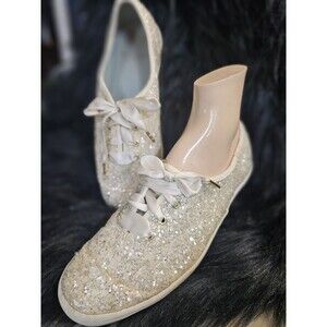 Kate Spade Keds Wedding/Prom  Glitter White Cream Sneaker Satin Ribbon Laces